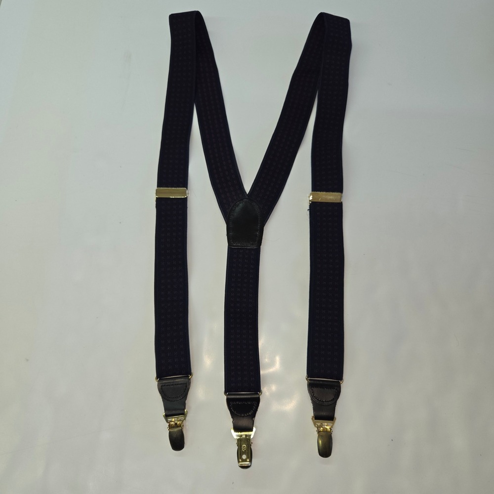 CAS Suspenders Mens One Size Navy Blue Red Geometric Y-Back‎ Gold Clips Germany